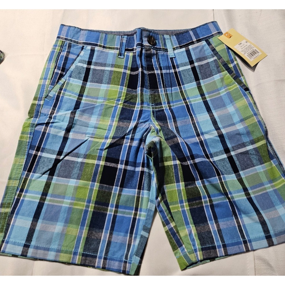 Cherokee Boys 8 Husky Blue Green‎ Plaid Flat Front Cotton Shorts NWT 8H